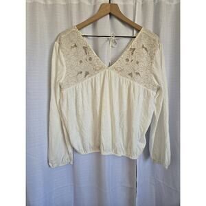 Lucky Brand Womens Medium Floral Cutwork Knit Top White Lace Boho Peasant Hippie